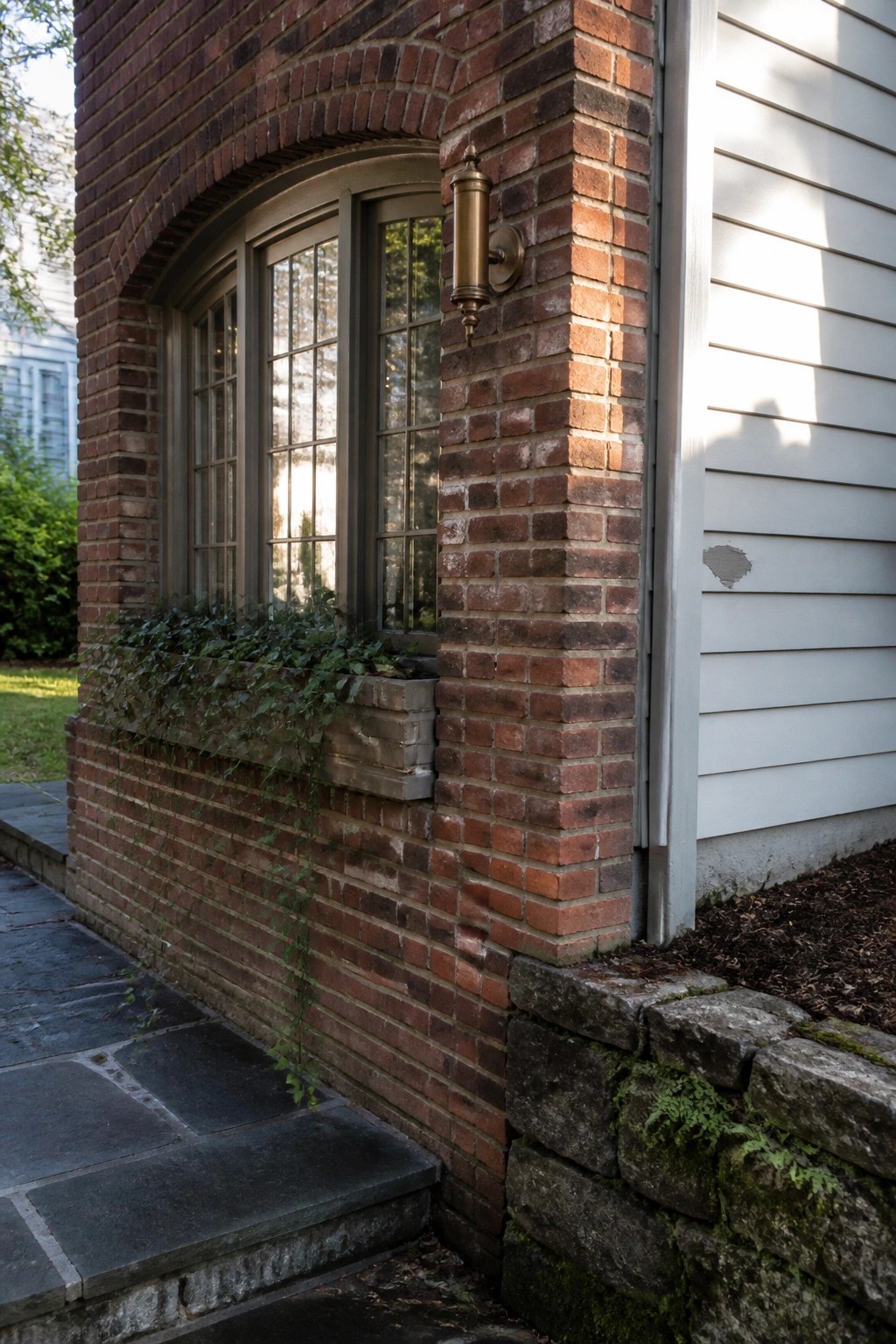 A red brick house corner shows an arched window with divided panes, a brass sconce on the brick, a brick window box with vines, and adjacent white siding.