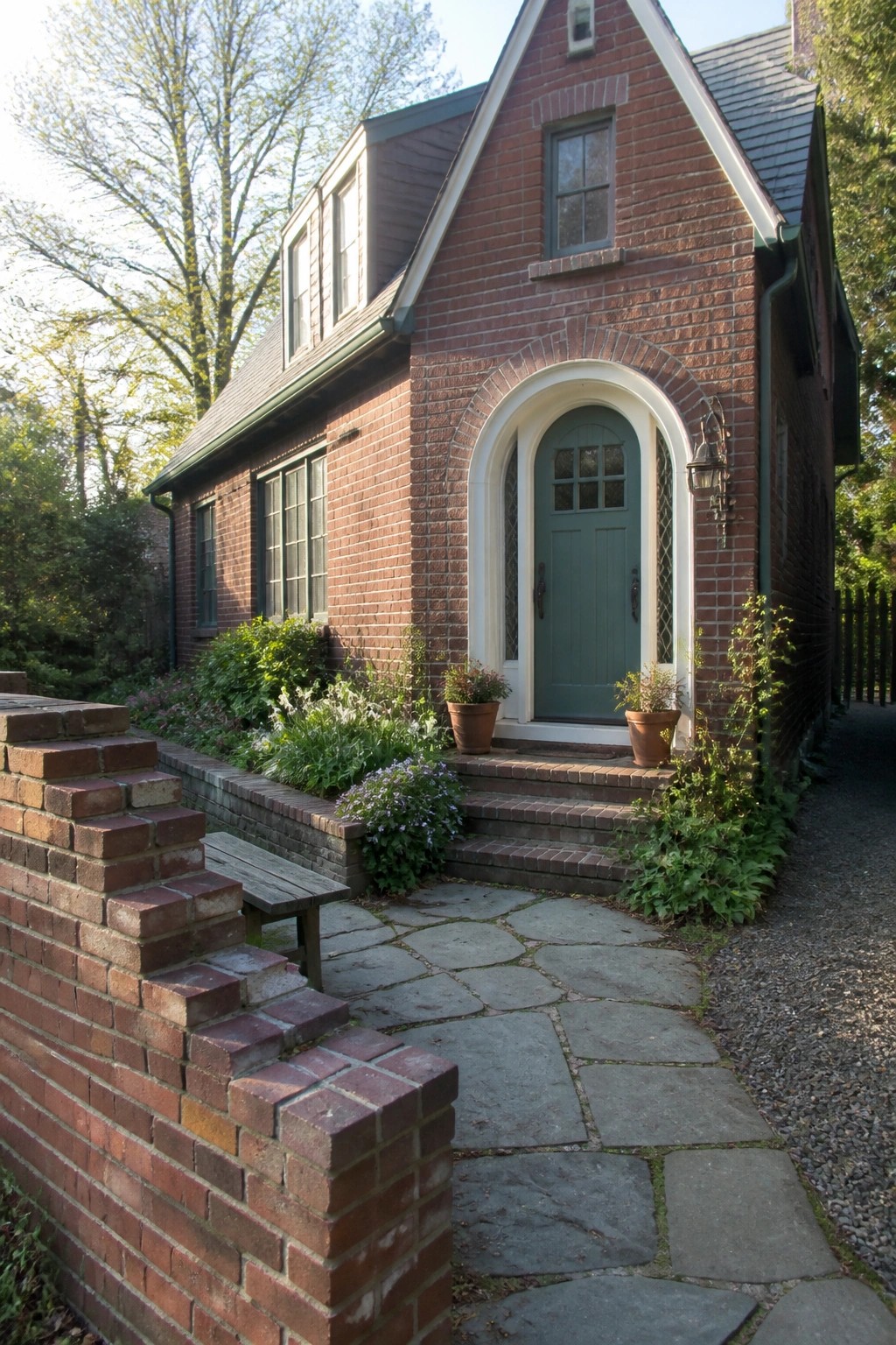 A red brick house with a white arched entry surrounding a green door, brick steps, and a stone path in front.