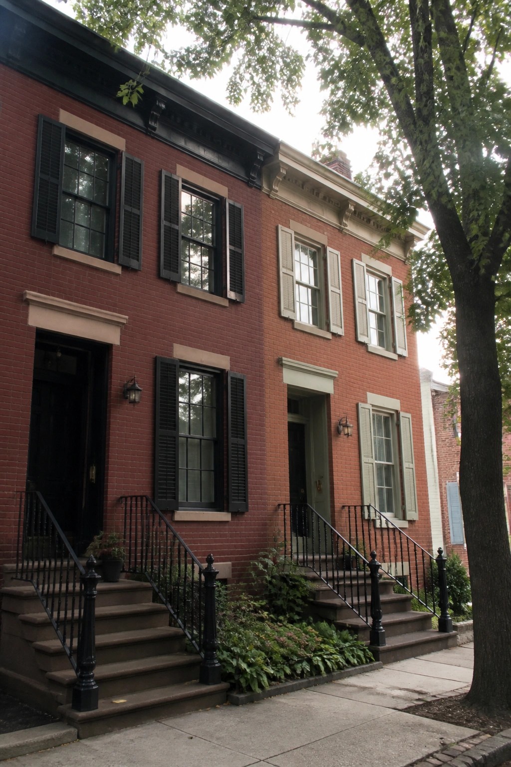 A red brick rowhouse exterior showing two entrances with stone steps, windows fitted with black and gray shutters, and a sidewalk in front.