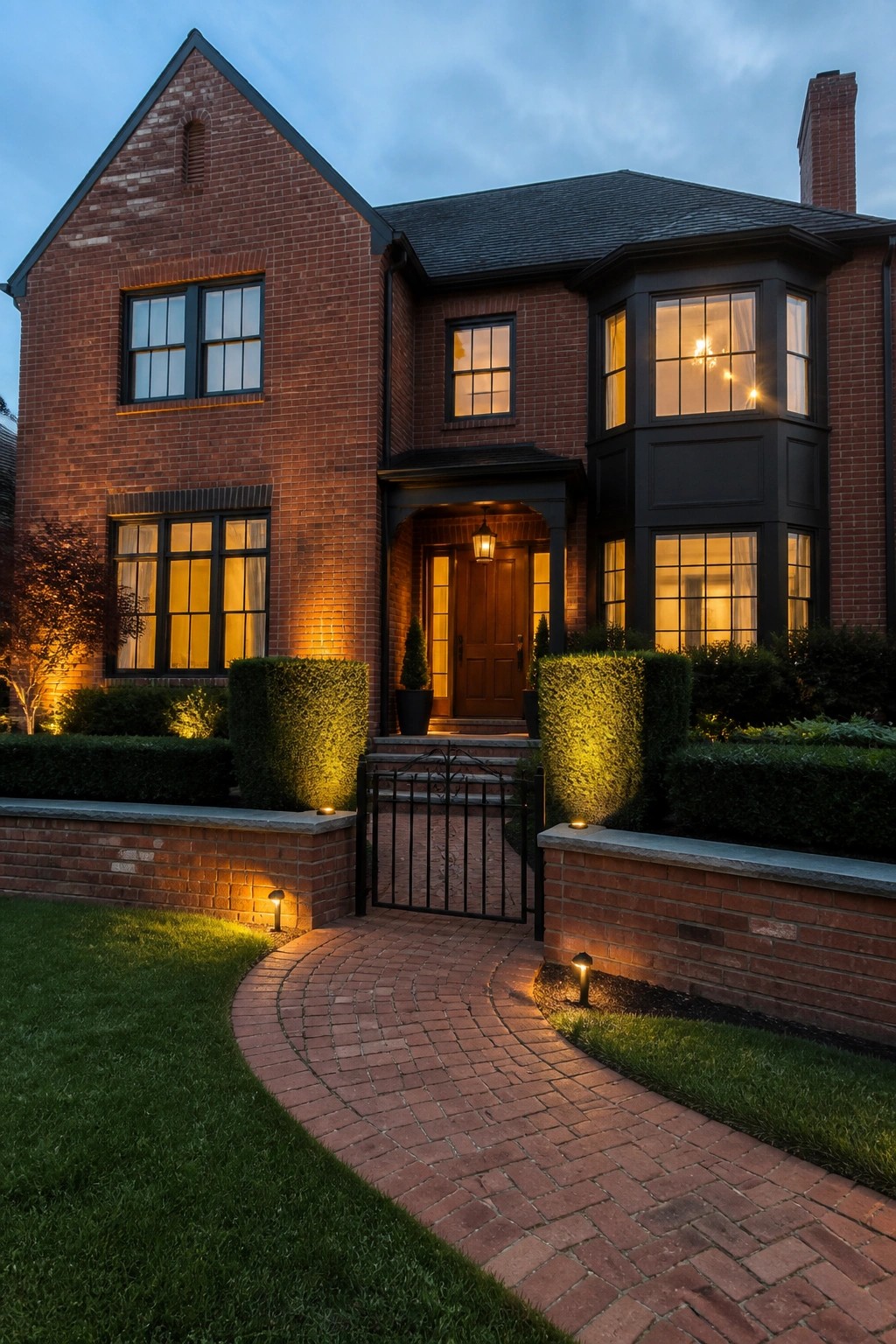 A two-story red brick house with a centered wooden front door under a small portico, a lantern light above the door, and a brick path leading to a black gate.