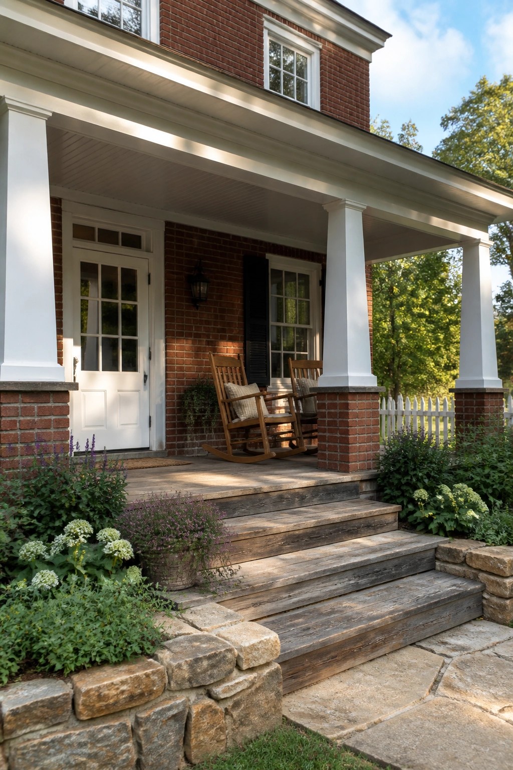 A red brick house exterior with a white-trimmed front porch, two wooden rocking chairs, white columns, wooden steps, and stone landscaping.
