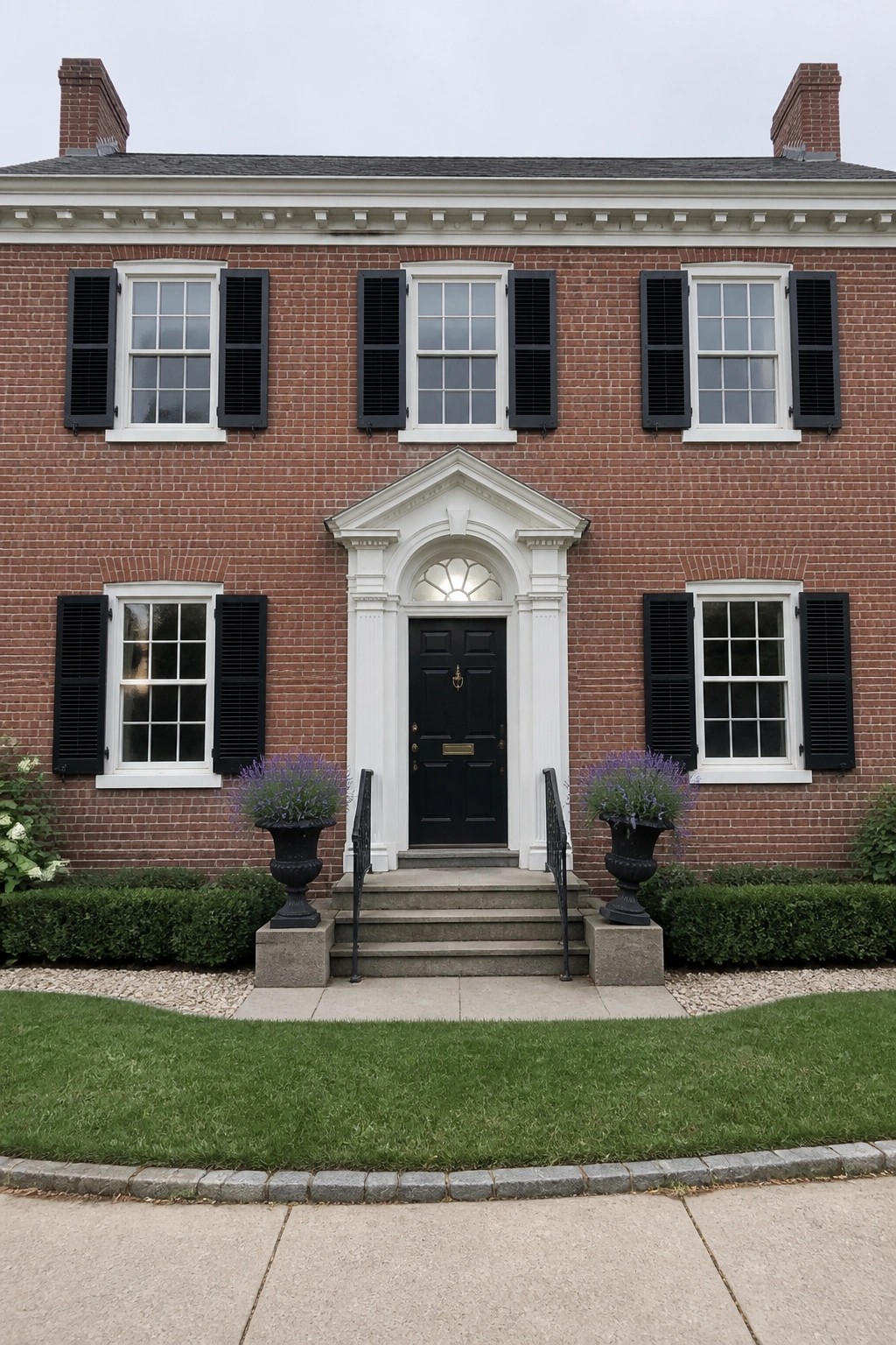 Front view of a two-story red brick house with black shutters, white-trimmed windows, and a central white pedimented entry portico over a black door with stone steps.