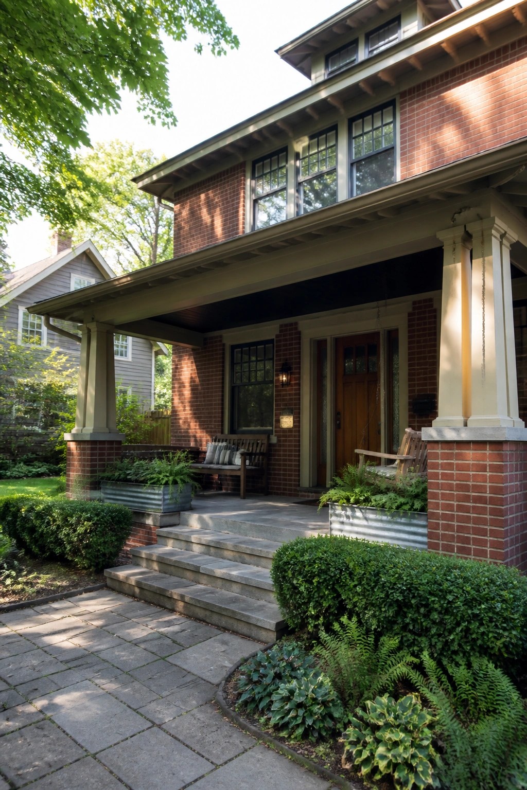 A red brick house exterior featuring a covered front porch with white columns, stone steps, a wooden door, and brick planters with greenery.