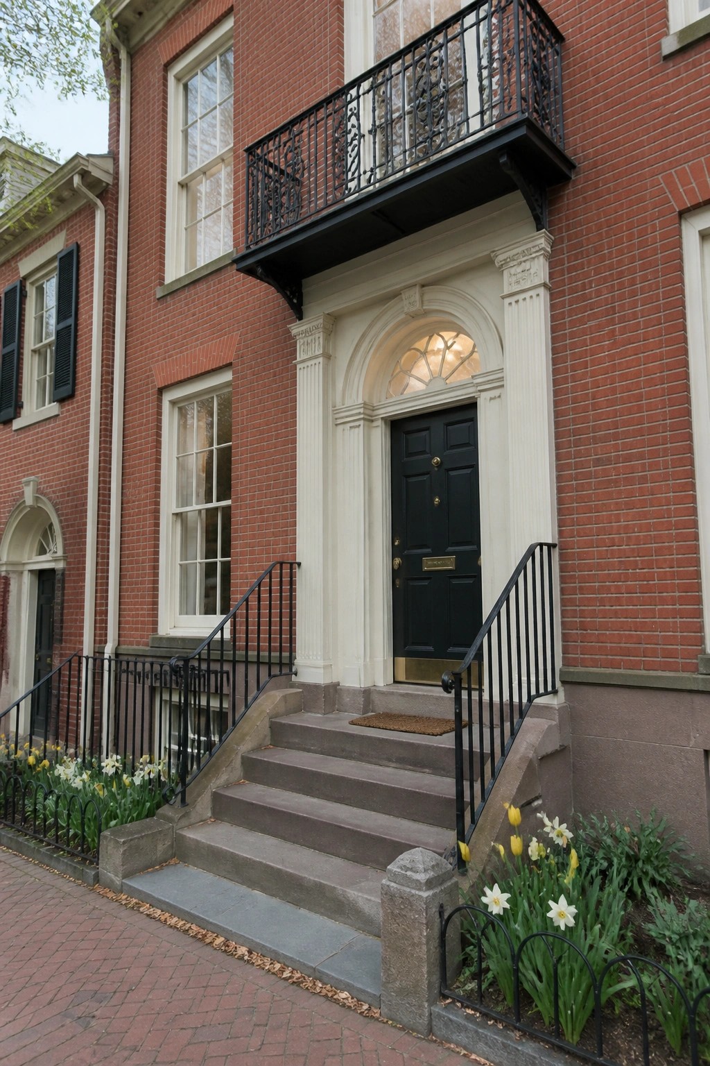Red brick rowhouse entrance with black door, iron balcony, stone steps, and daffodils.