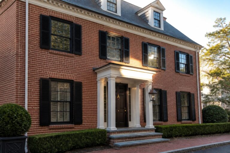 24 Timeless Red Brick House Exteriors for Traditional Neighborhoods A two-story red brick house with a white columned portico over the front door, black shutters on the windows, and dormers on the roof.