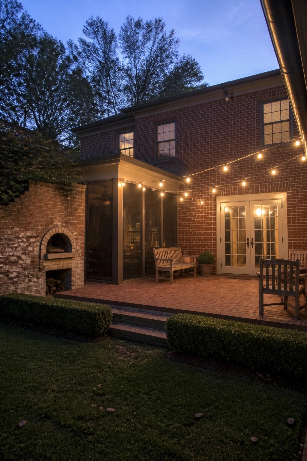 A red brick house with a brick patio at dusk, string lights overhead, wooden benches, and a built-in brick fireplace on the left.