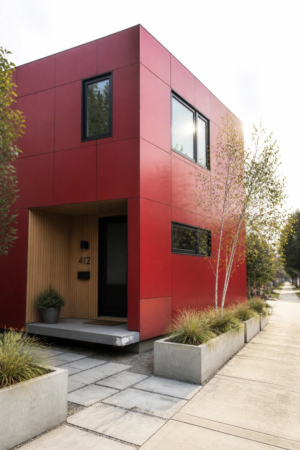Modern red metal building with black windows, recessed entrance, and concrete planters along sidewalk