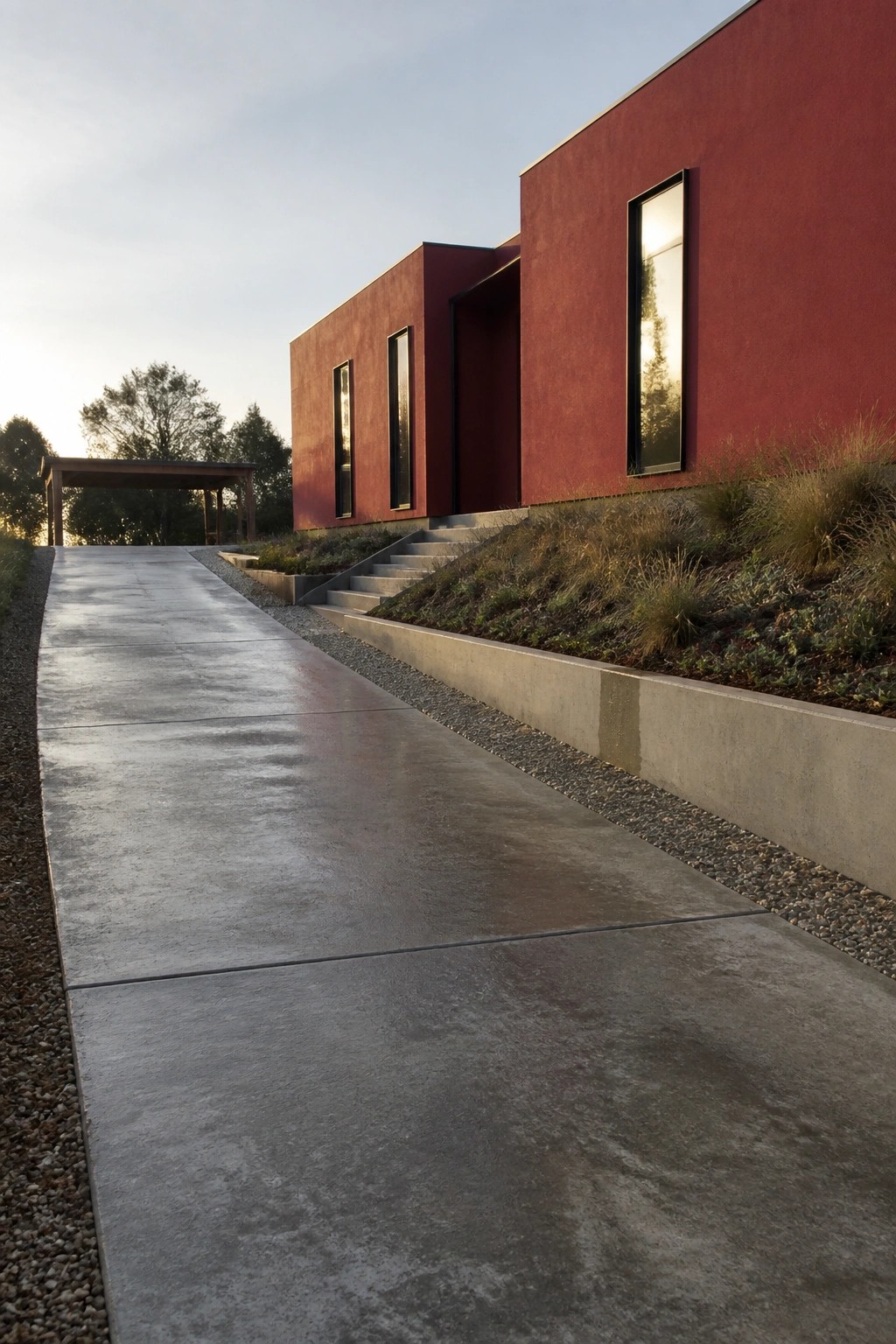 A modern red house with a concrete path and steps leading to the entrance, set against a sloped landscaped area.