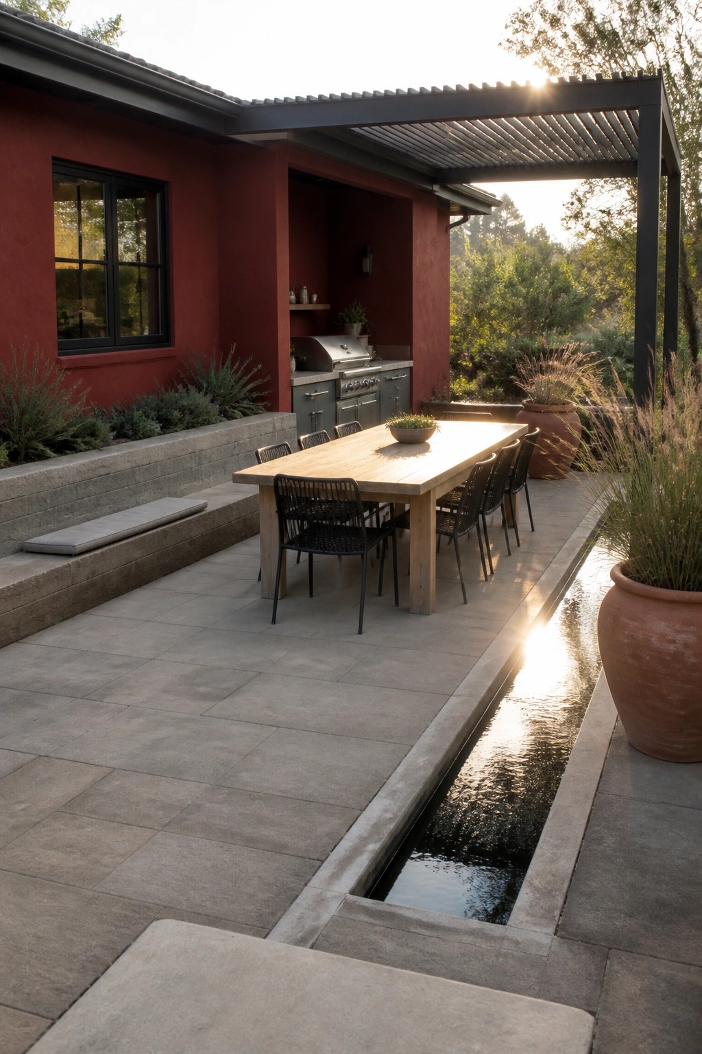 A long wooden dining table with black chairs sits on a stone patio beside a red house with an outdoor kitchen and a narrow water channel running along one edge.