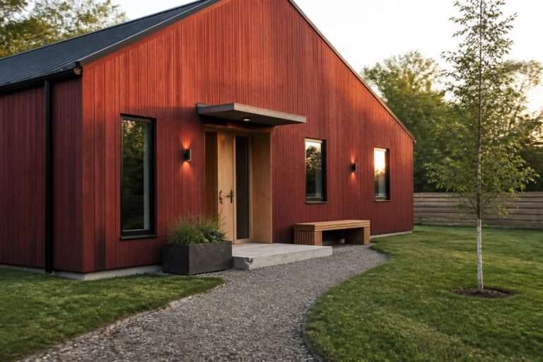 A single-story house with vertical red wood siding, a light wood door under a small concrete overhang, black-framed windows, and a gravel path leading to the entrance.