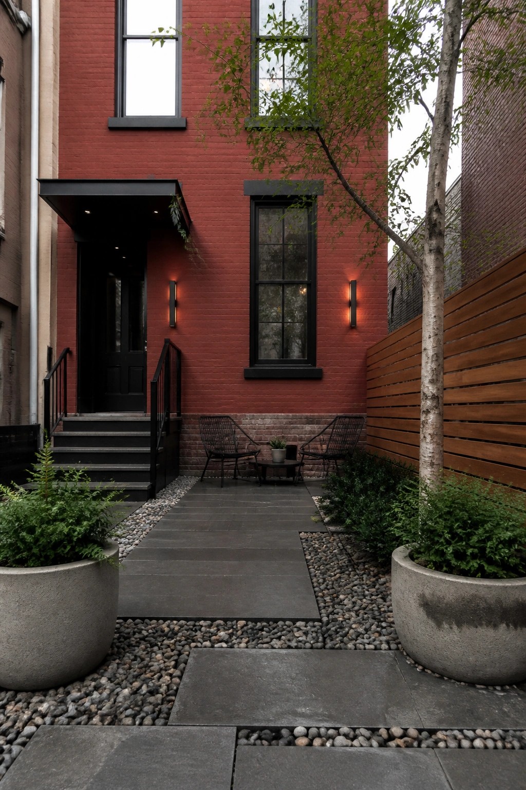 Red brick building with black door, patio chairs, planters, and gravel path