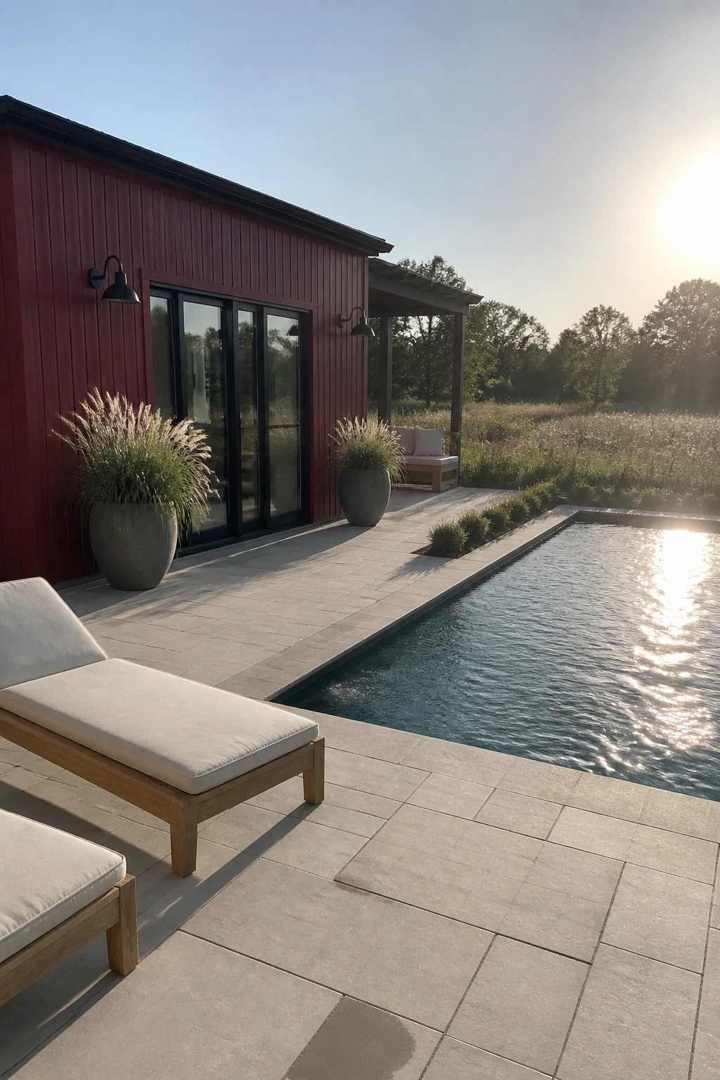 A modern red house with black-framed sliding doors beside a long rectangular pool on a paved patio with wooden lounge chairs and large potted plants.