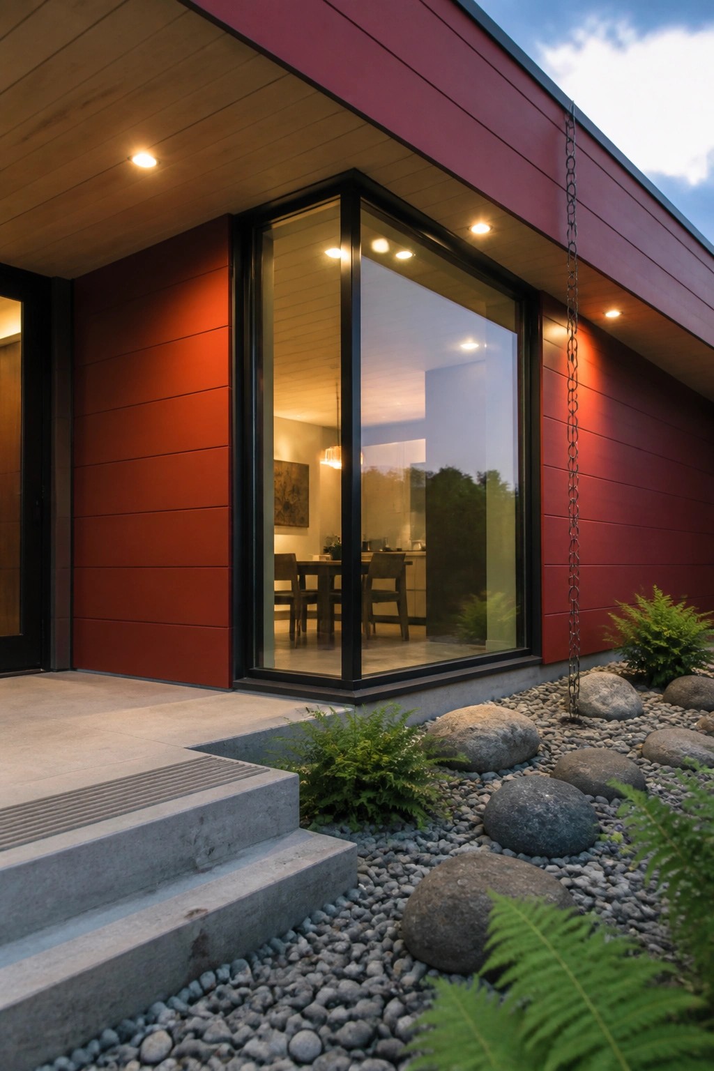 Modern house exterior with red horizontal siding, large black-framed corner windows, concrete steps, and gravel landscaping with rocks and ferns.