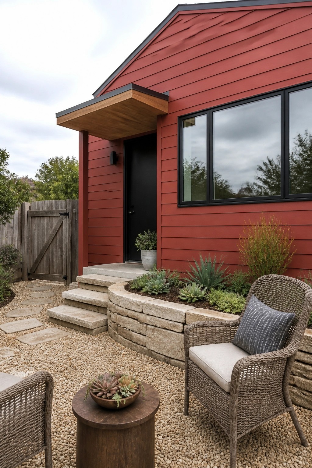 A red wooden house with black door and black-framed windows, stone steps, and a gravel patio with wicker chairs in front.