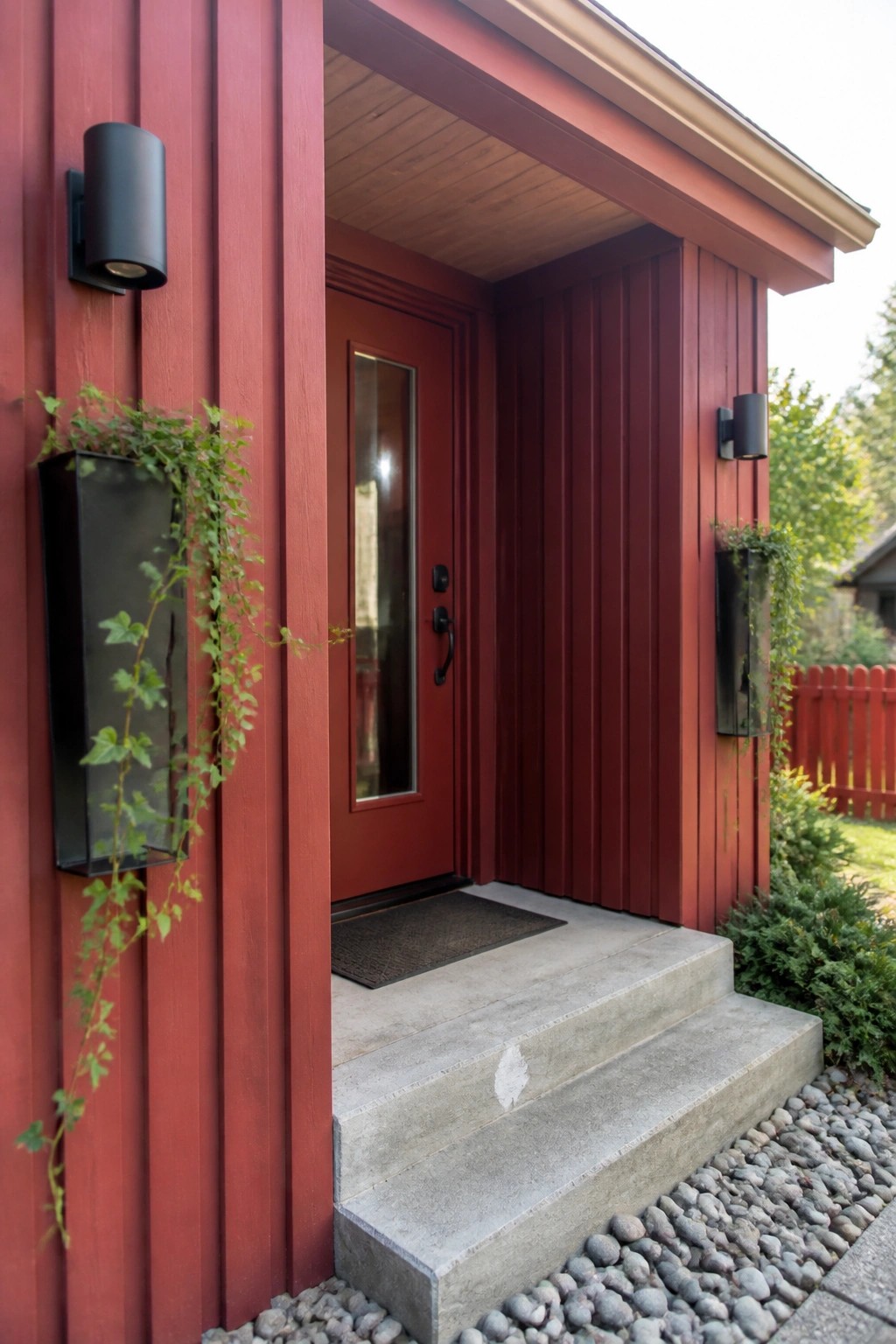 Front view of a red house with vertical wood siding, a centered red door, concrete steps, and black wall sconces holding trailing plants.