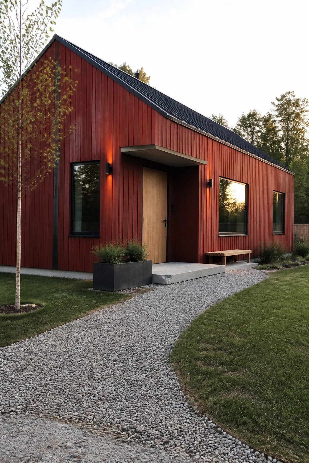 A single-story house with vertical red wood siding, a light wood door under a small concrete overhang, black-framed windows, and a gravel path leading to the entrance.