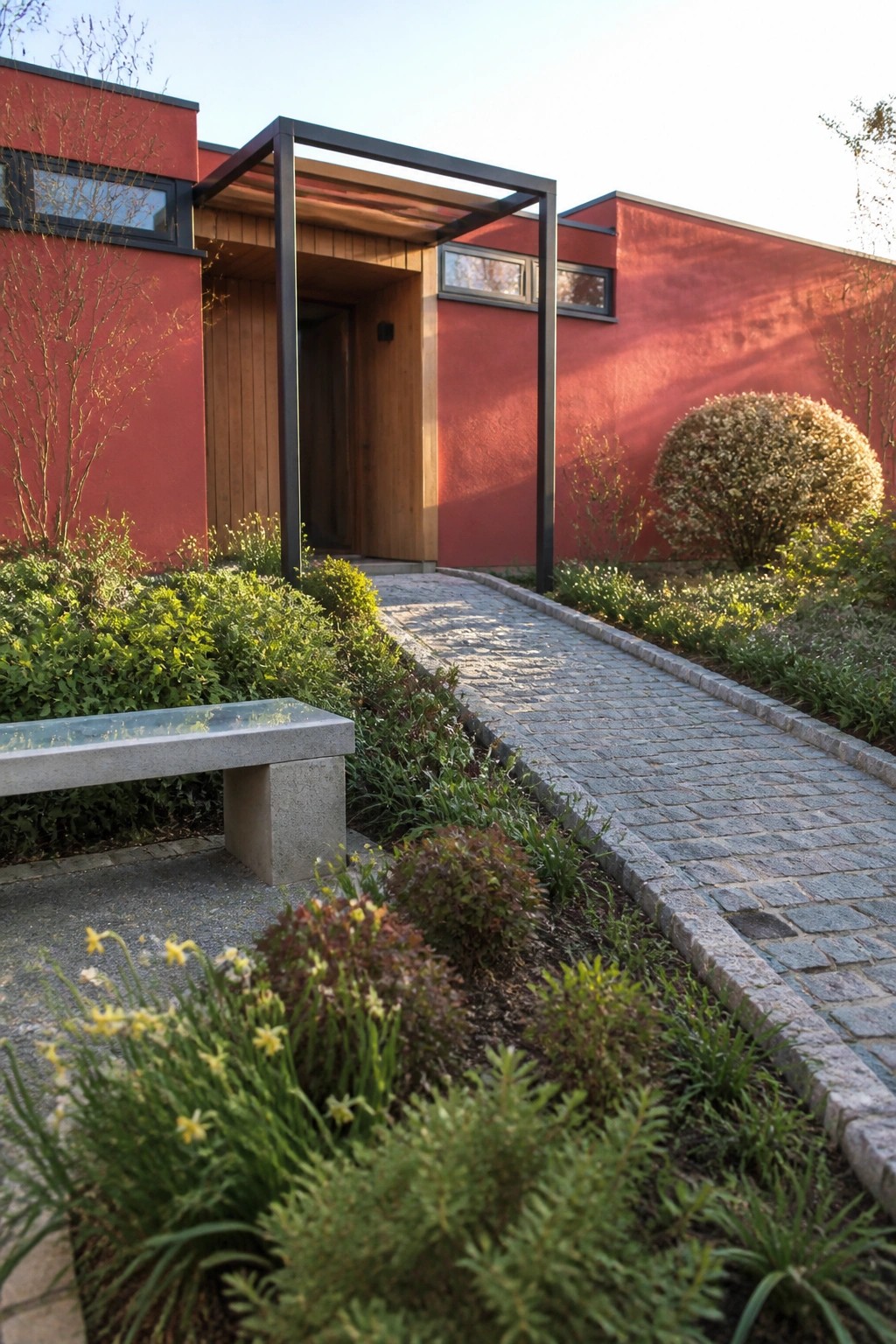 Modern red house entrance with wooden door, cobblestone path, and garden bench