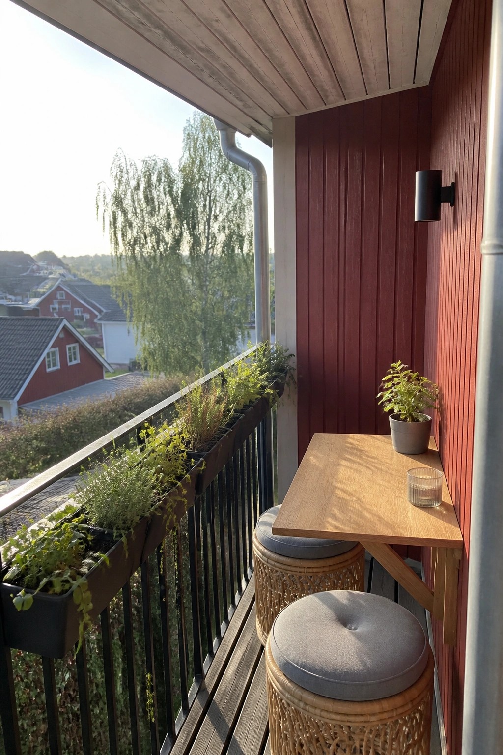 A narrow balcony with a wall-mounted wooden table, two round stools, a potted plant, and a black sconce on red vertical siding, with planters on the railing overlooking other houses.