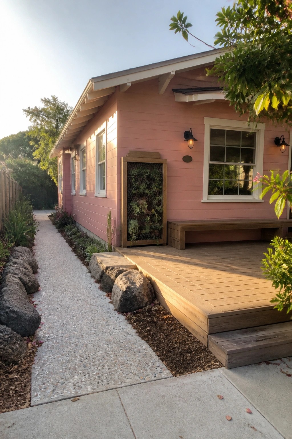 A pink bungalow exterior with a wooden-framed vertical garden of succulents mounted on the wall beside the door and a wooden deck in front.