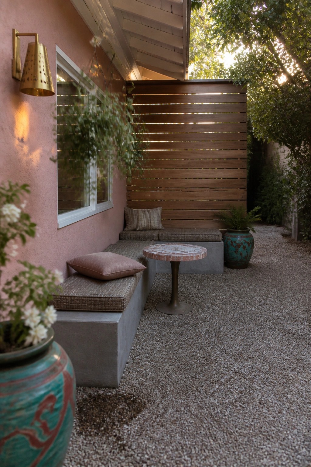 Pink stucco wall with built-in concrete bench seating, gravel ground, wooden slat screen, and potted plants in an outdoor side area.