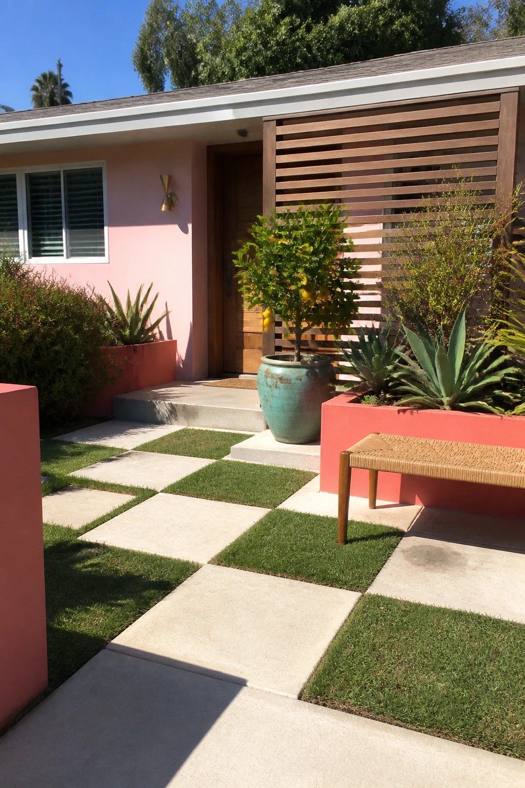 Pink house entrance with checkered lawn, lemon tree in turquoise pot, woven bench
