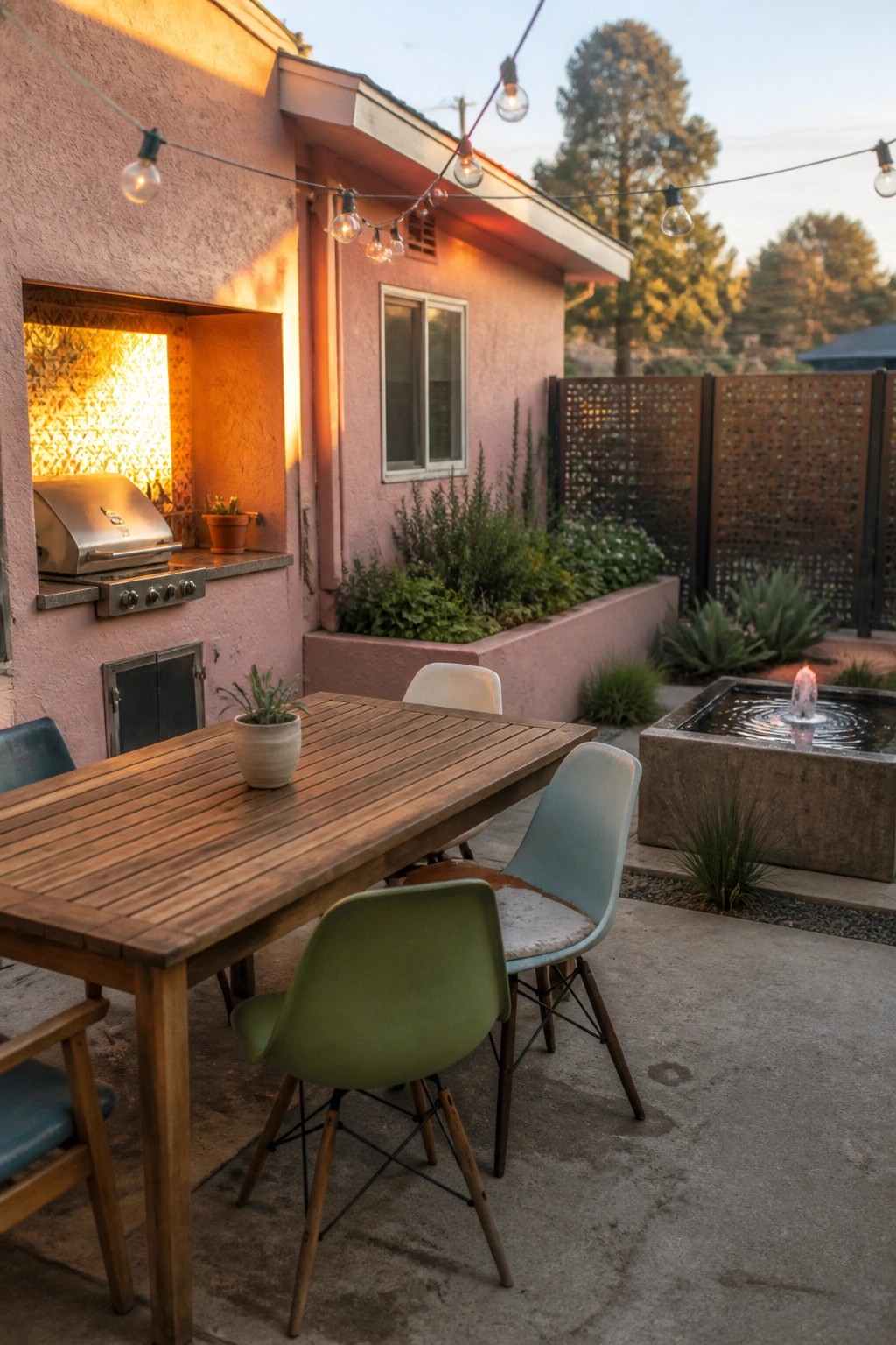 A wooden outdoor dining table with mixed chairs sits on a concrete patio next to a pink stucco wall that holds a built-in stainless grill, with string lights above and a concrete fountain visible to the right.