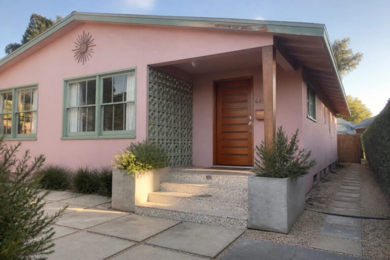 Front view of a pink stucco bungalow with mint green window frames, a wooden door, sunburst medallion above the entrance, and decorative concrete screens beside the steps.