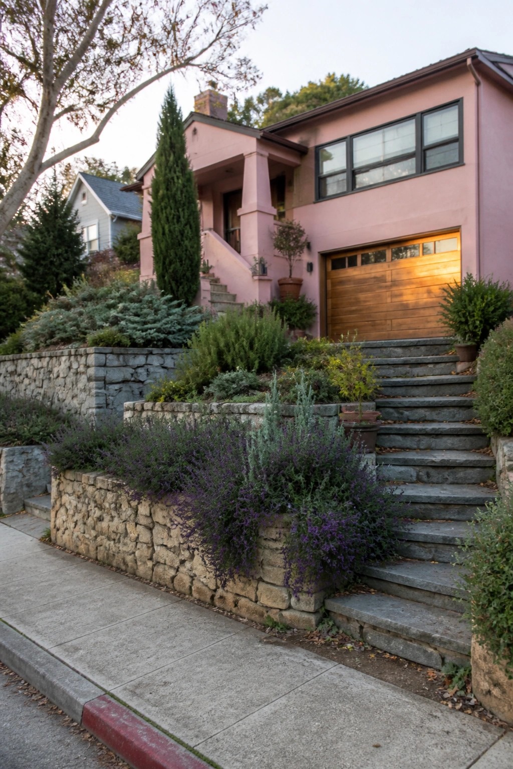 A pink stucco bungalow exterior with a wooden garage door, large windows, stone retaining walls, and steps leading up from the sidewalk.