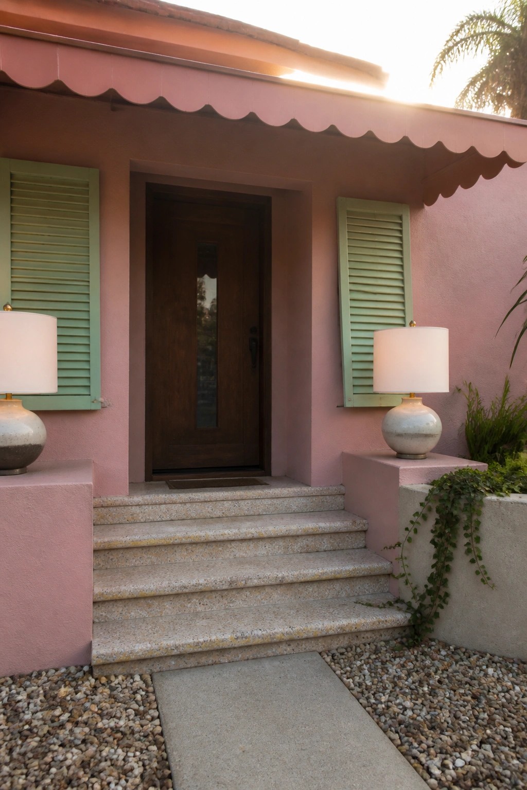 Pink house entrance with wooden door, green shutters, lamps, and stone steps.
