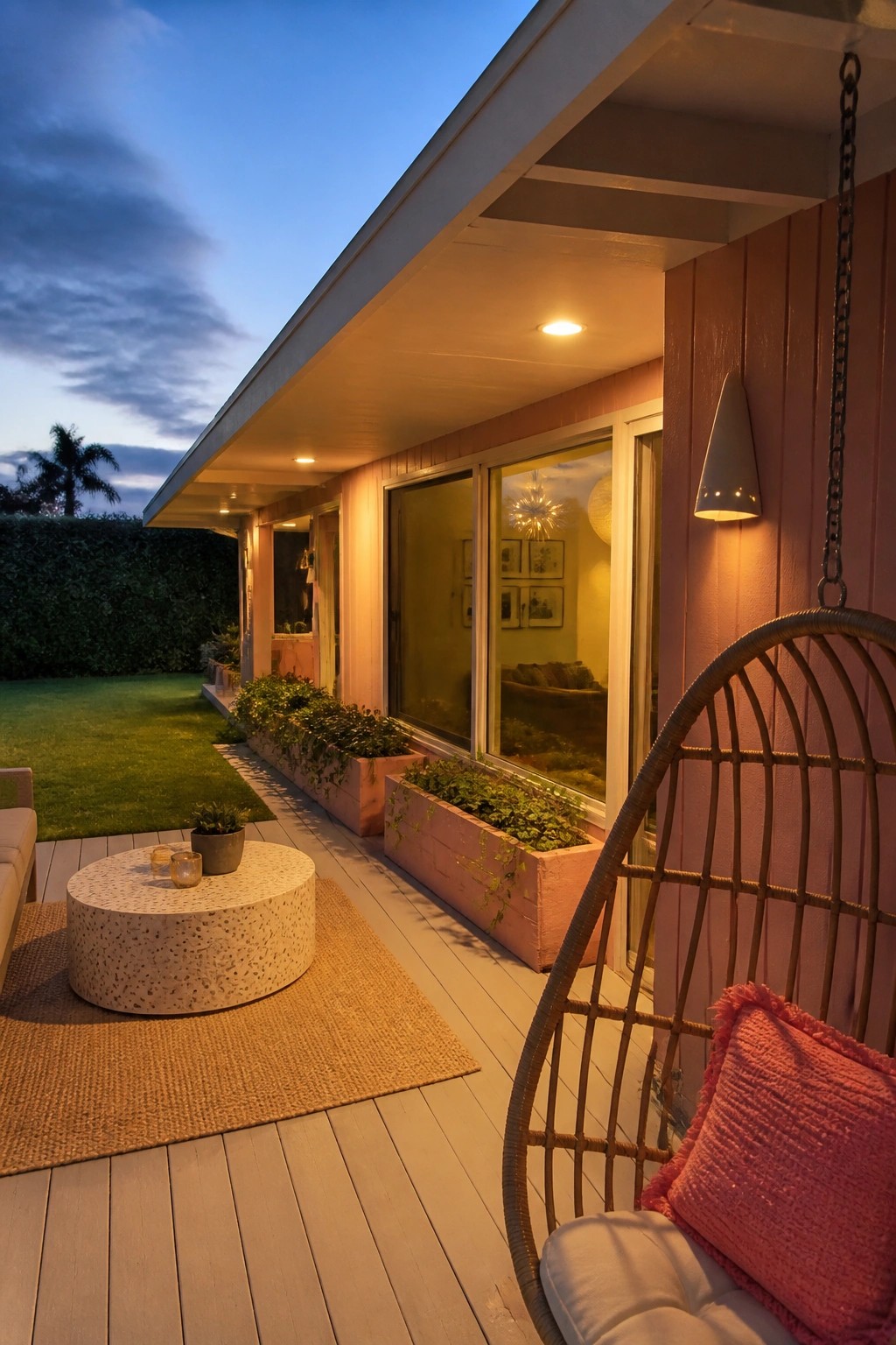 A wooden deck next to a pink bungalow shows a hanging chair, round table on a rug, and a row of pink planters along the windows.