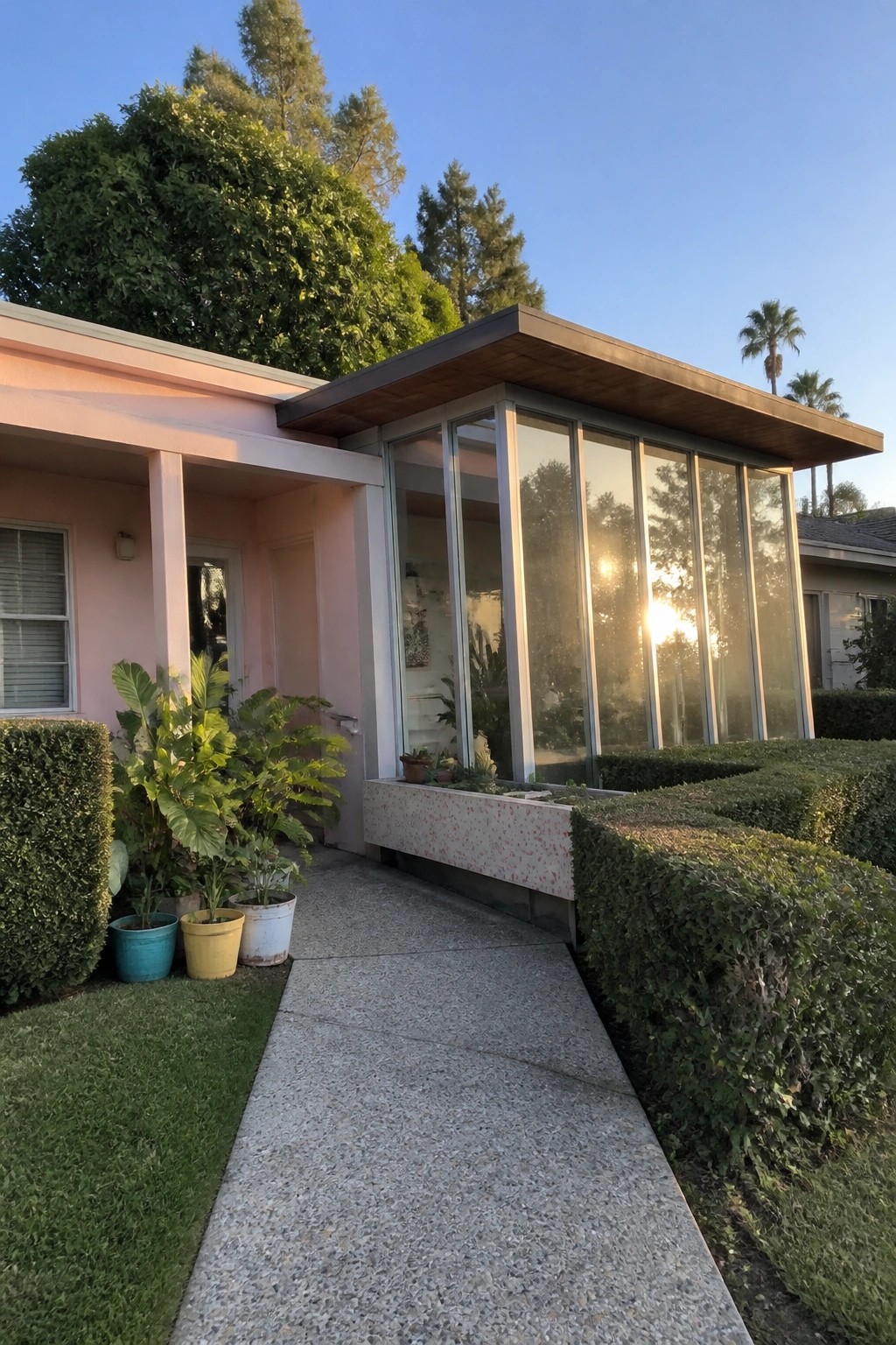 A pink single-story house with a flat roof overhang, large glass windows along one side, a concrete walkway, and potted plants beside trimmed hedges.
