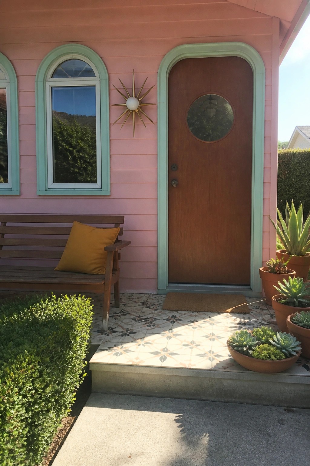 Pink bungalow exterior with mint green arched trim around the front door and windows, a wooden bench with a yellow cushion on the porch, and potted succulents on patterned tile steps.