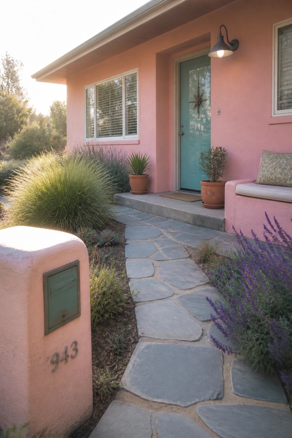 A pink stucco bungalow with a turquoise door, stone pathway leading to the entrance, and potted plants beside the front step.