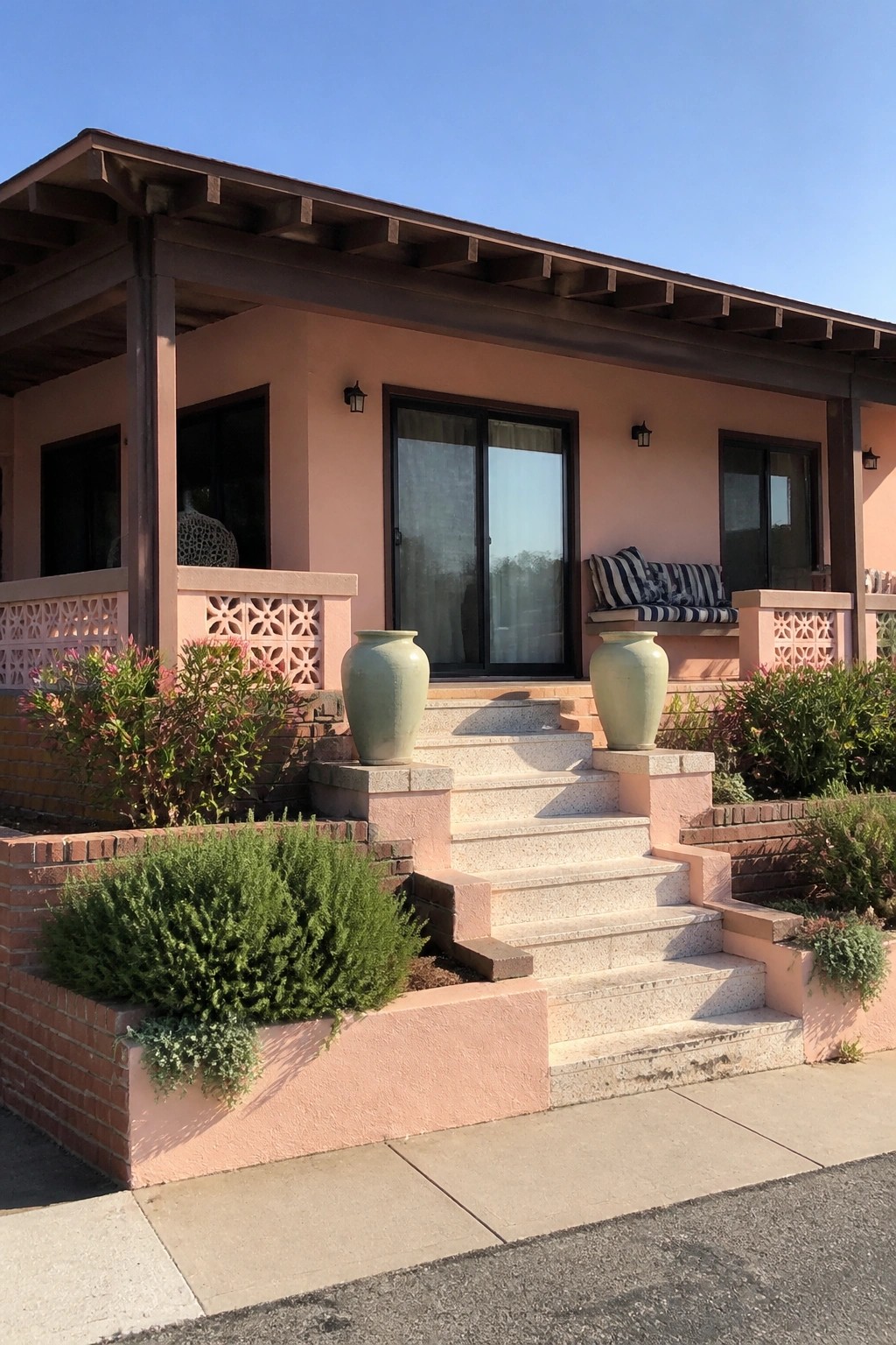 A single-story pink stucco bungalow with a covered porch, concrete steps, two large green pots, and decorative breeze block railings on the front.