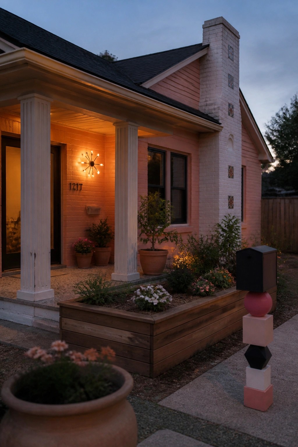 A pink bungalow exterior at dusk featuring white columns, a starburst wall sconce by the door, and a raised wooden planter in front.