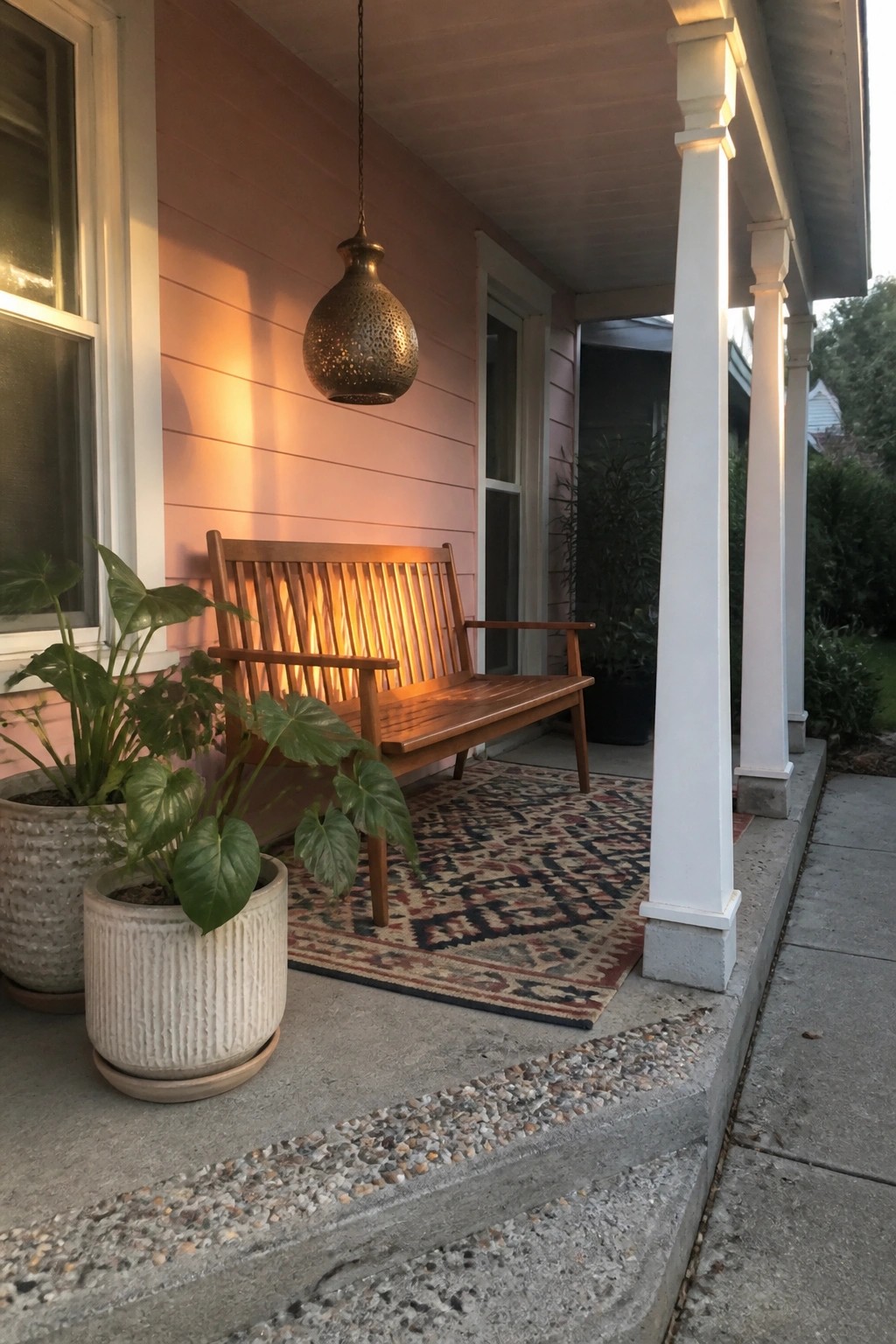 A wooden bench with a patterned rug sits on the porch of a pink bungalow, flanked by potted plants and a hanging lamp.