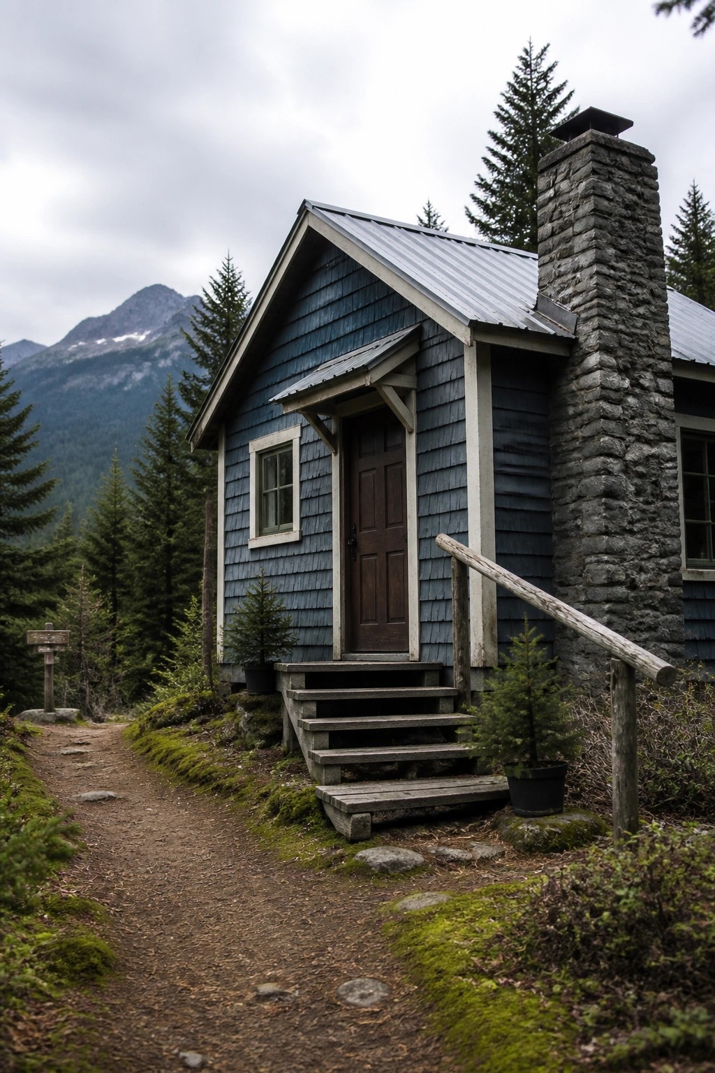 Rustic blue-shingled cabin with stone chimney on a mountain forest path