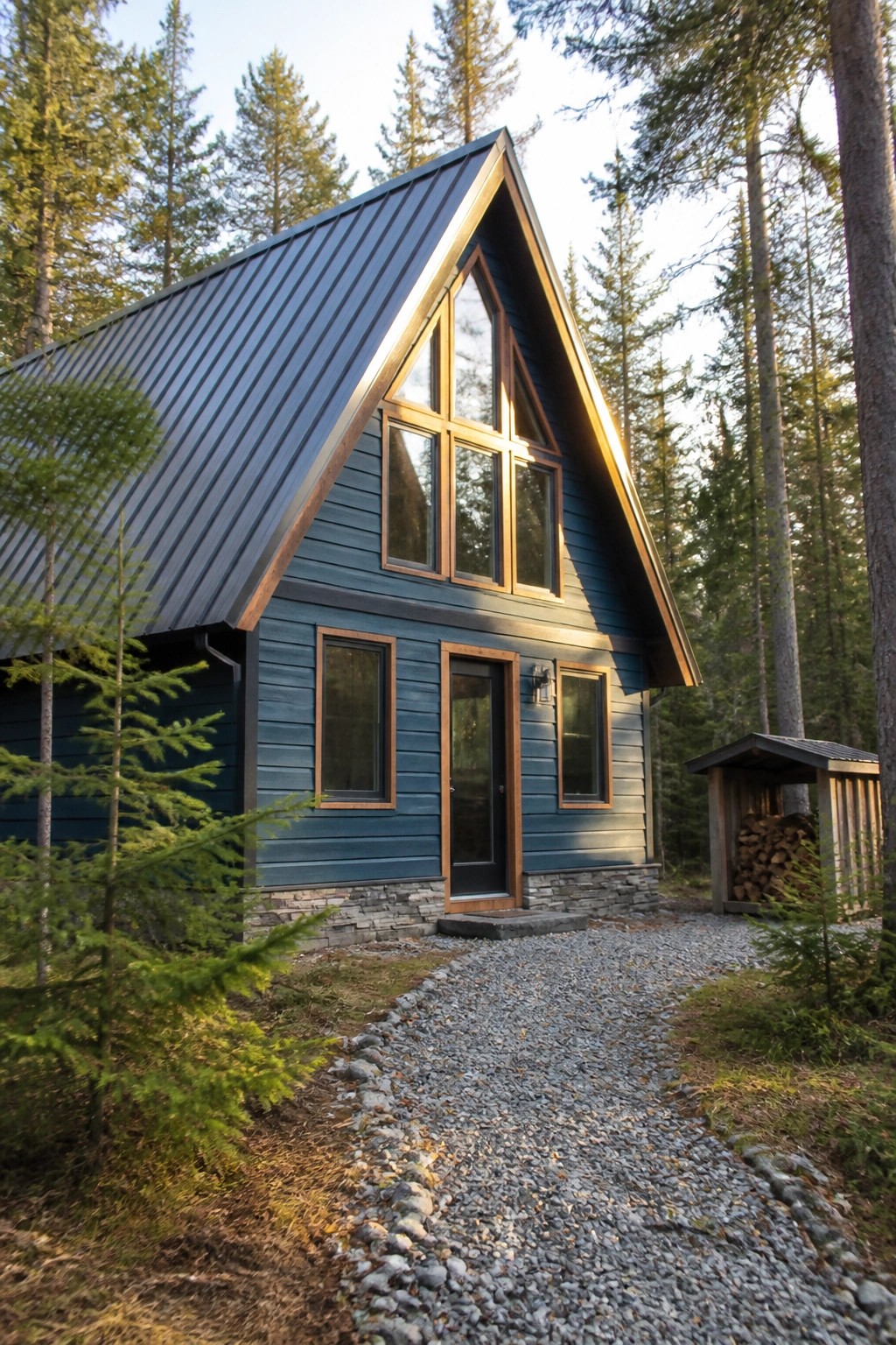 Blue A-frame cabin with metal roof, large windows, and gravel path in forest.