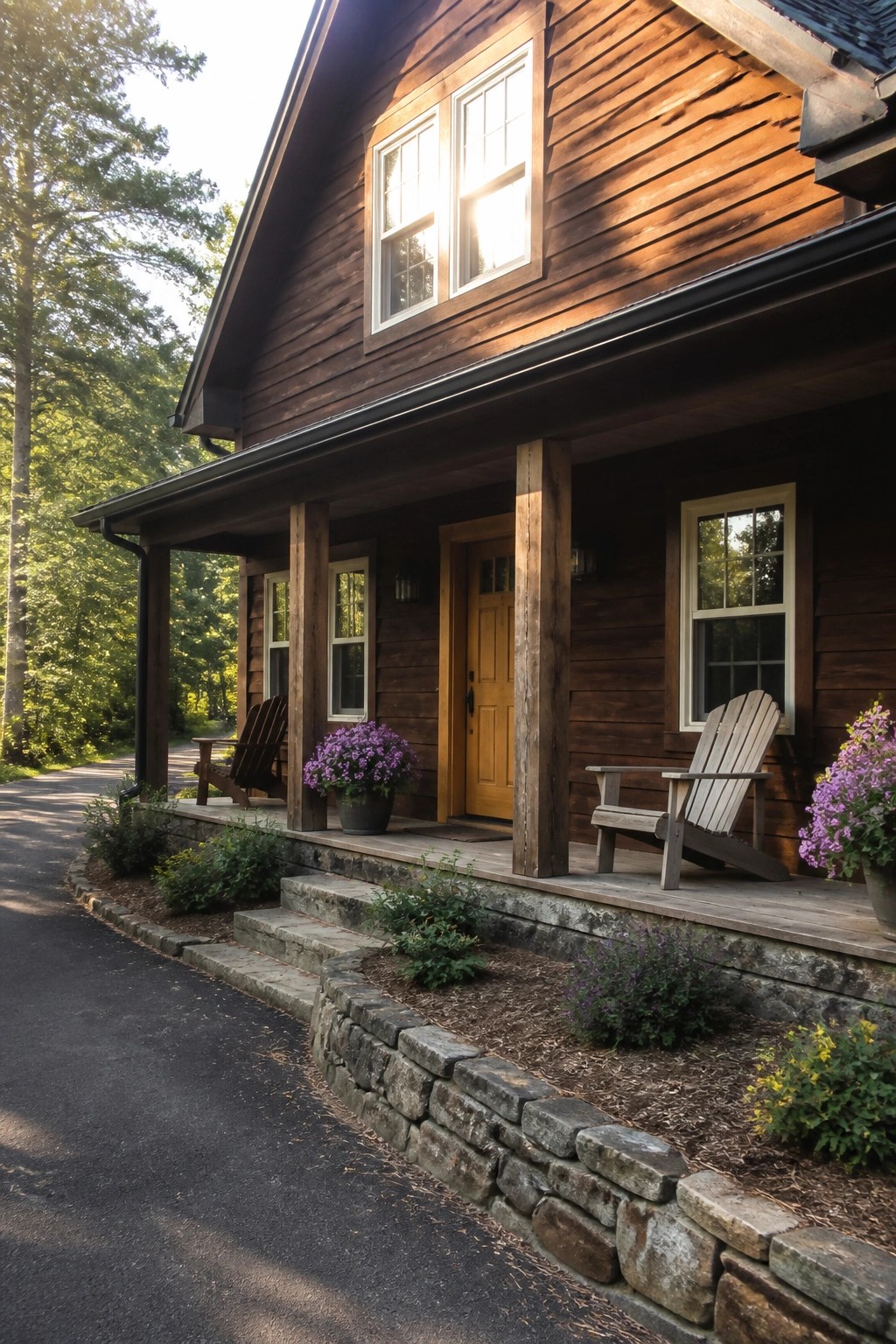 Rustic cabin exterior with deep brown wood siding and a low stone foundation.