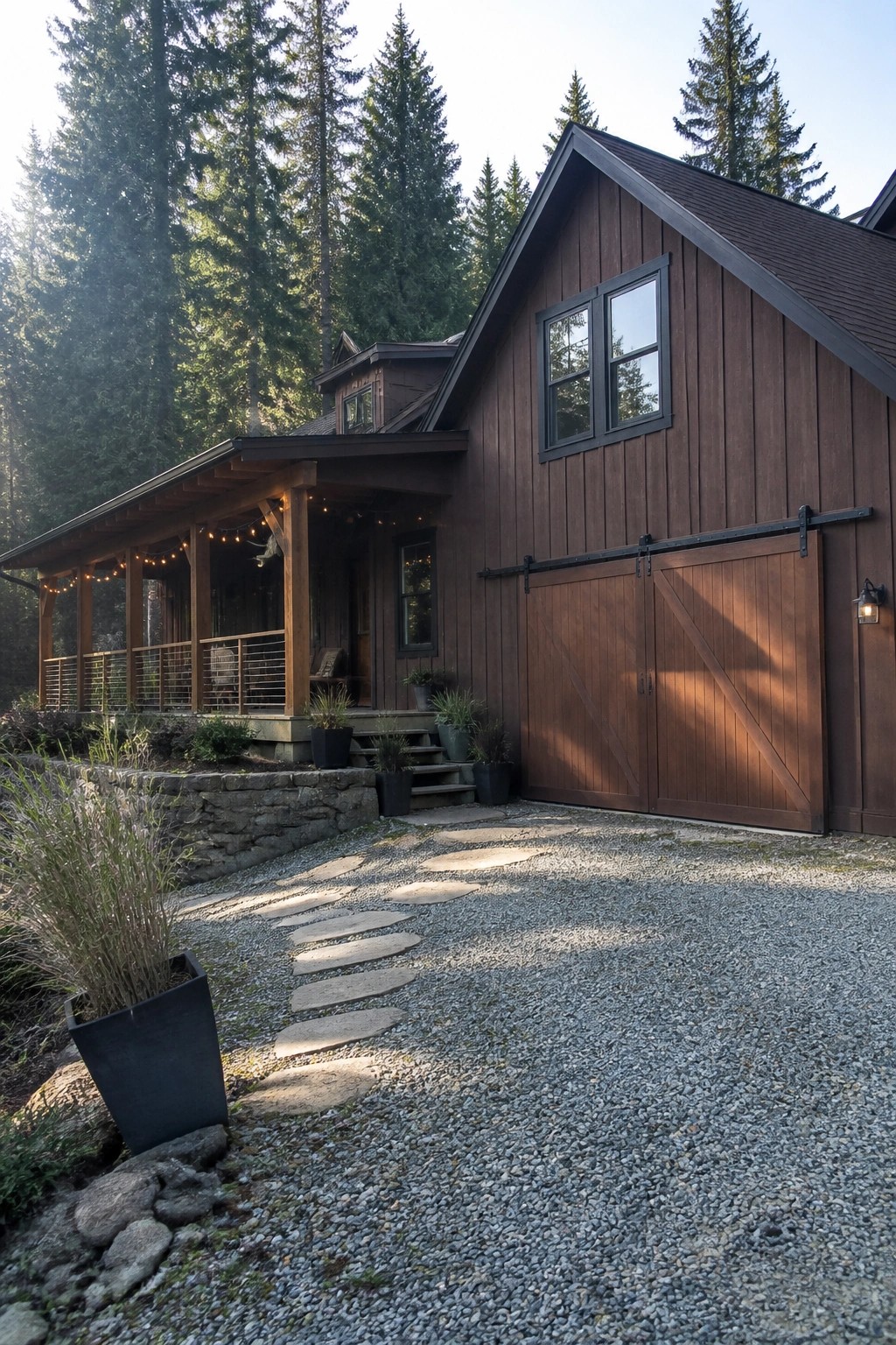 Rustic dark wood cabin with barn doors, string lights on porch amid tall pine trees