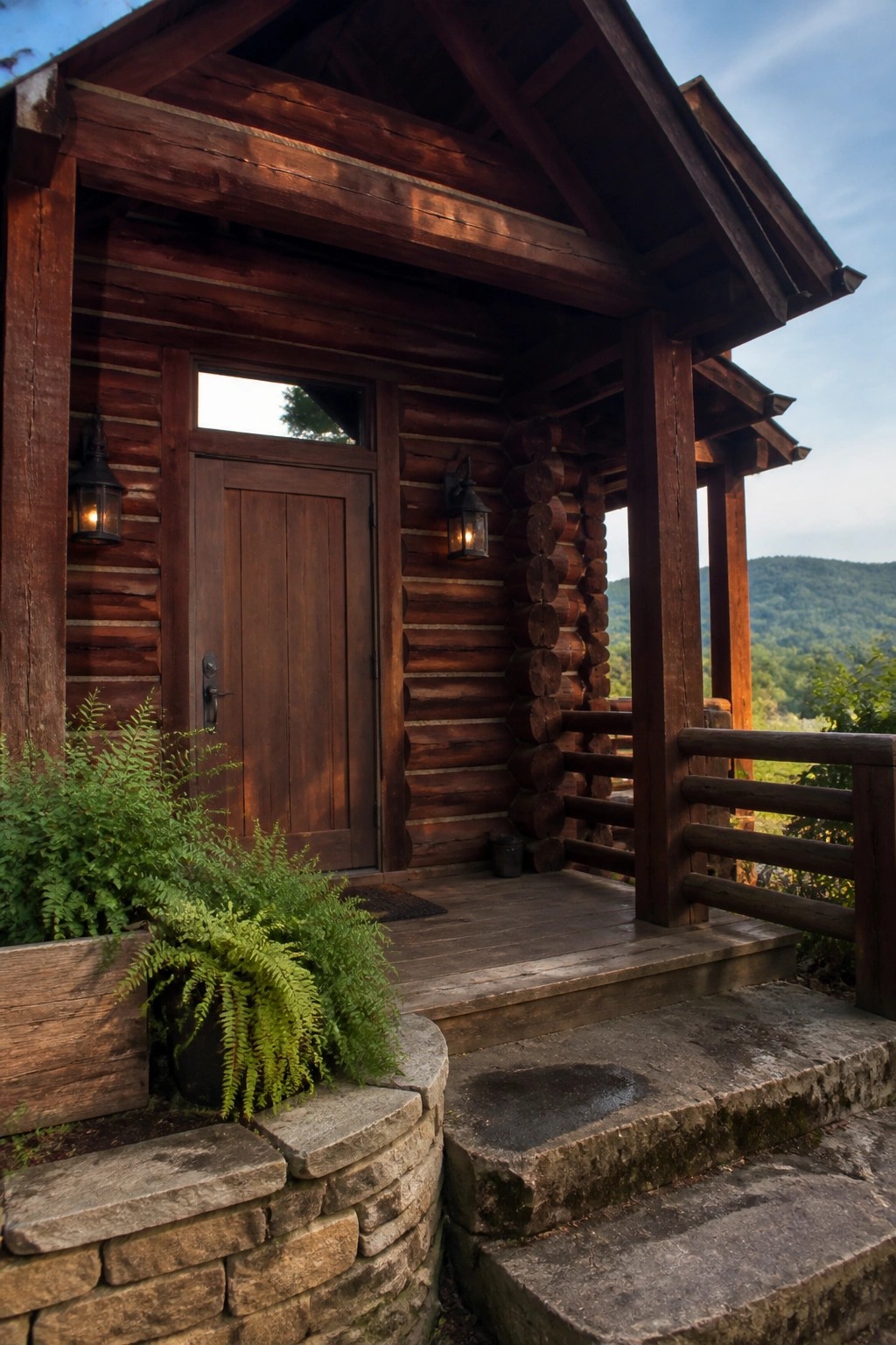 Rustic log cabin porch with wooden door, ferns, stone steps, and mountain view