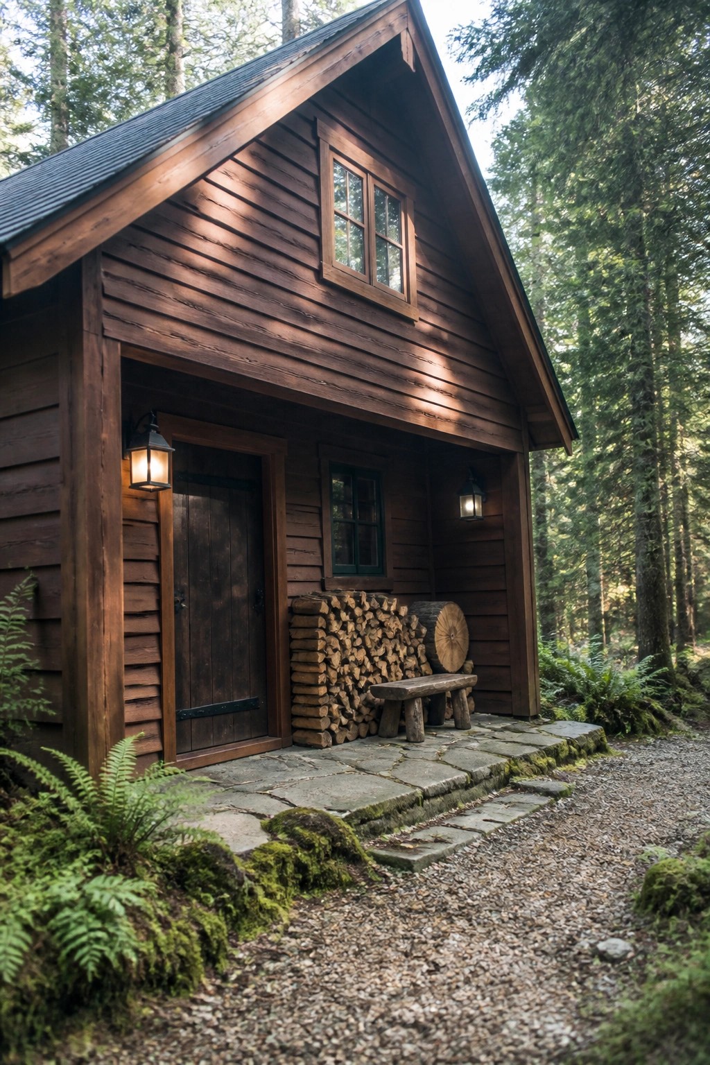 Dark brown wood siding on a rustic cabin in a forest setting.
