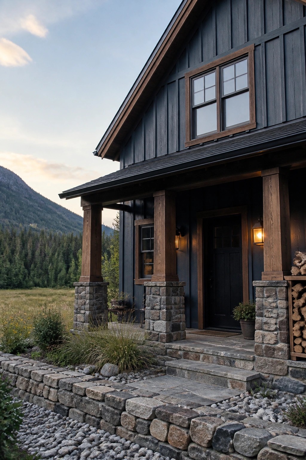 A dark charcoal blue-gray cabin exterior with stone porch columns and wood trim.