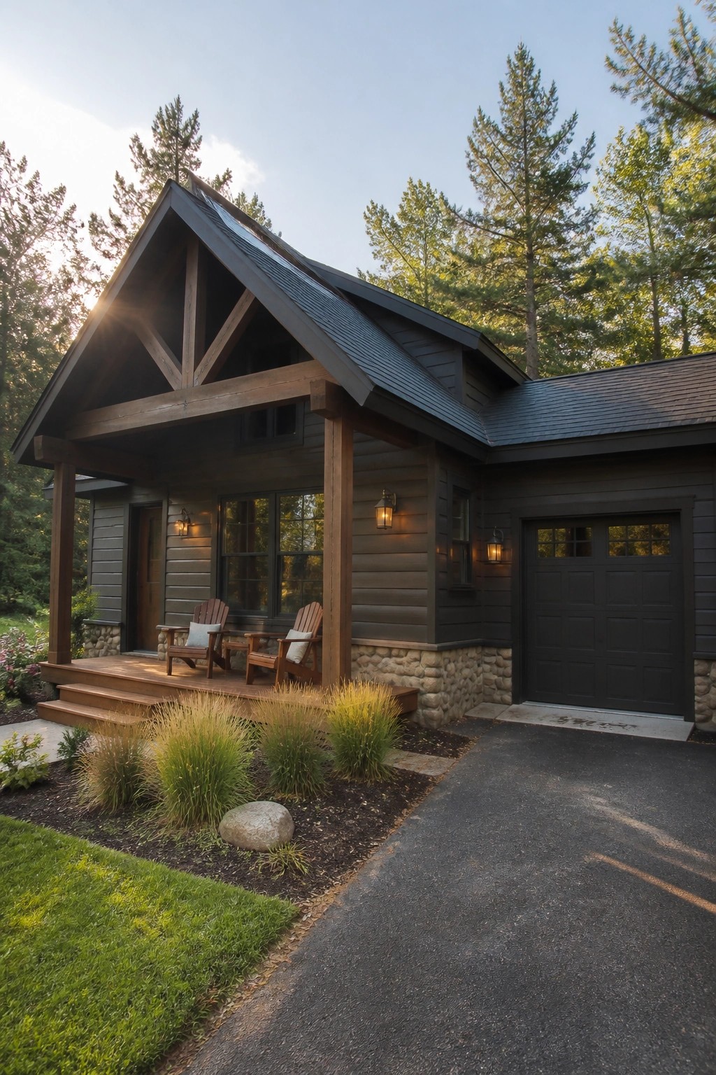 Dark charcoal siding on a rustic cabin exterior with stone foundation and wood trim.