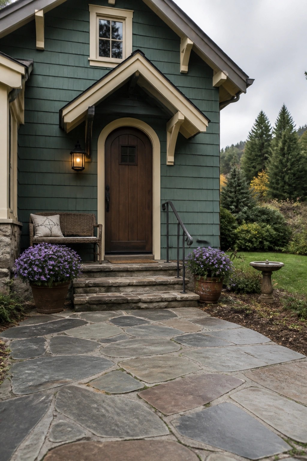 Deep green shingle siding on a rustic cabin exterior with stone foundation and cream trim.