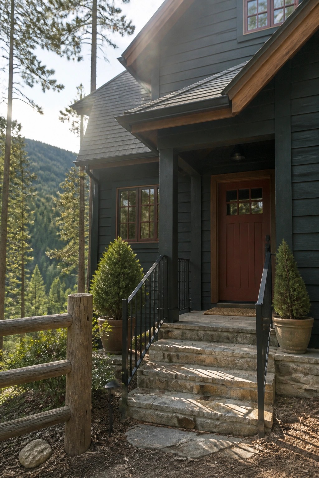 Gray wooden house with red door, stone steps, potted shrubs, and mountain forest view