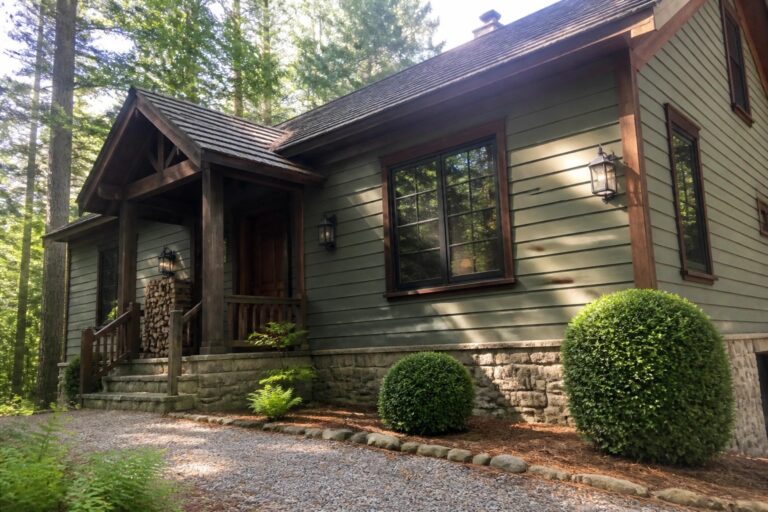 Green wooden cabin with porch, stone foundation, ferns, and gravel path in forest.