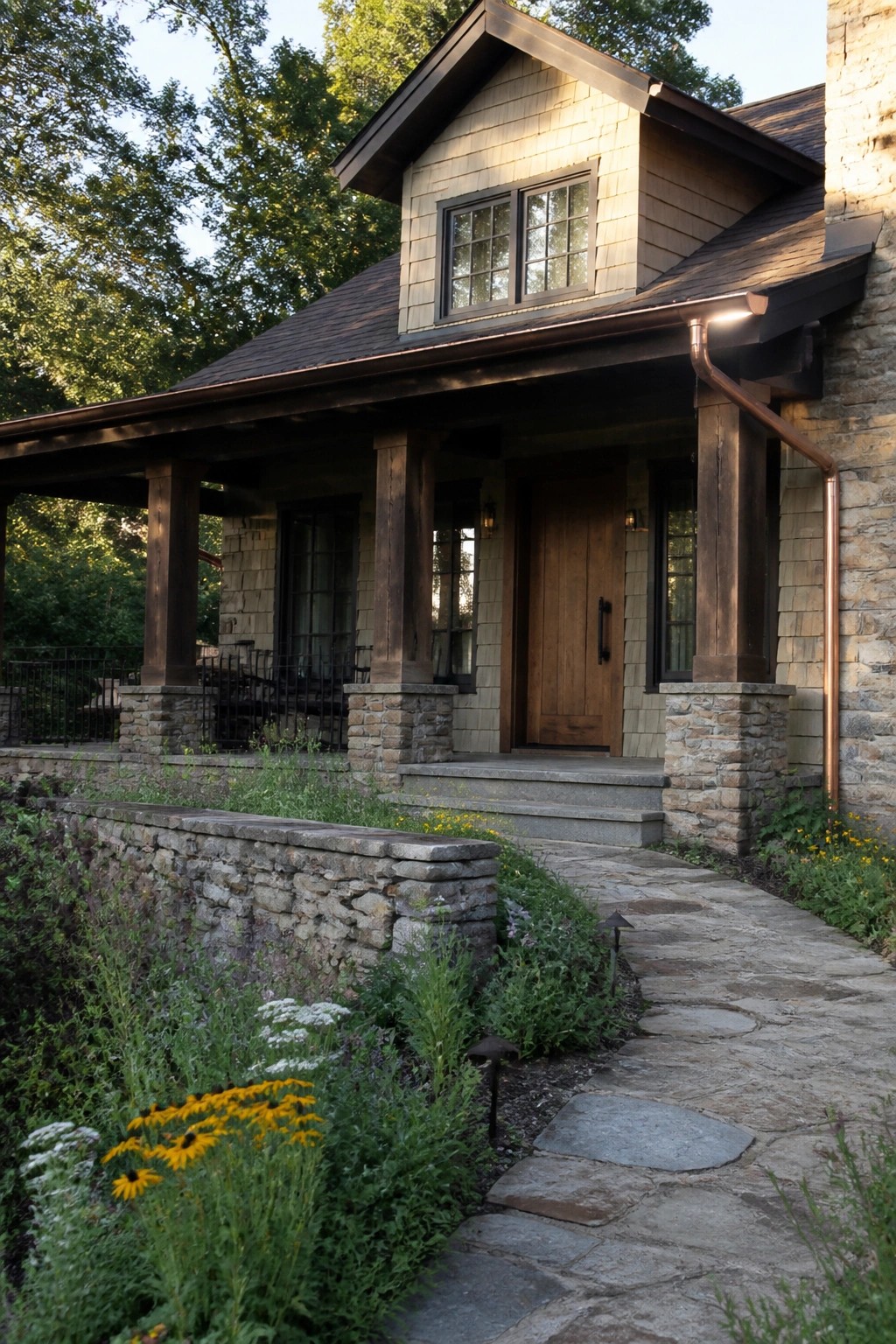 Light greige wood siding on a rustic cabin exterior next to stone pillars and a stone path.
