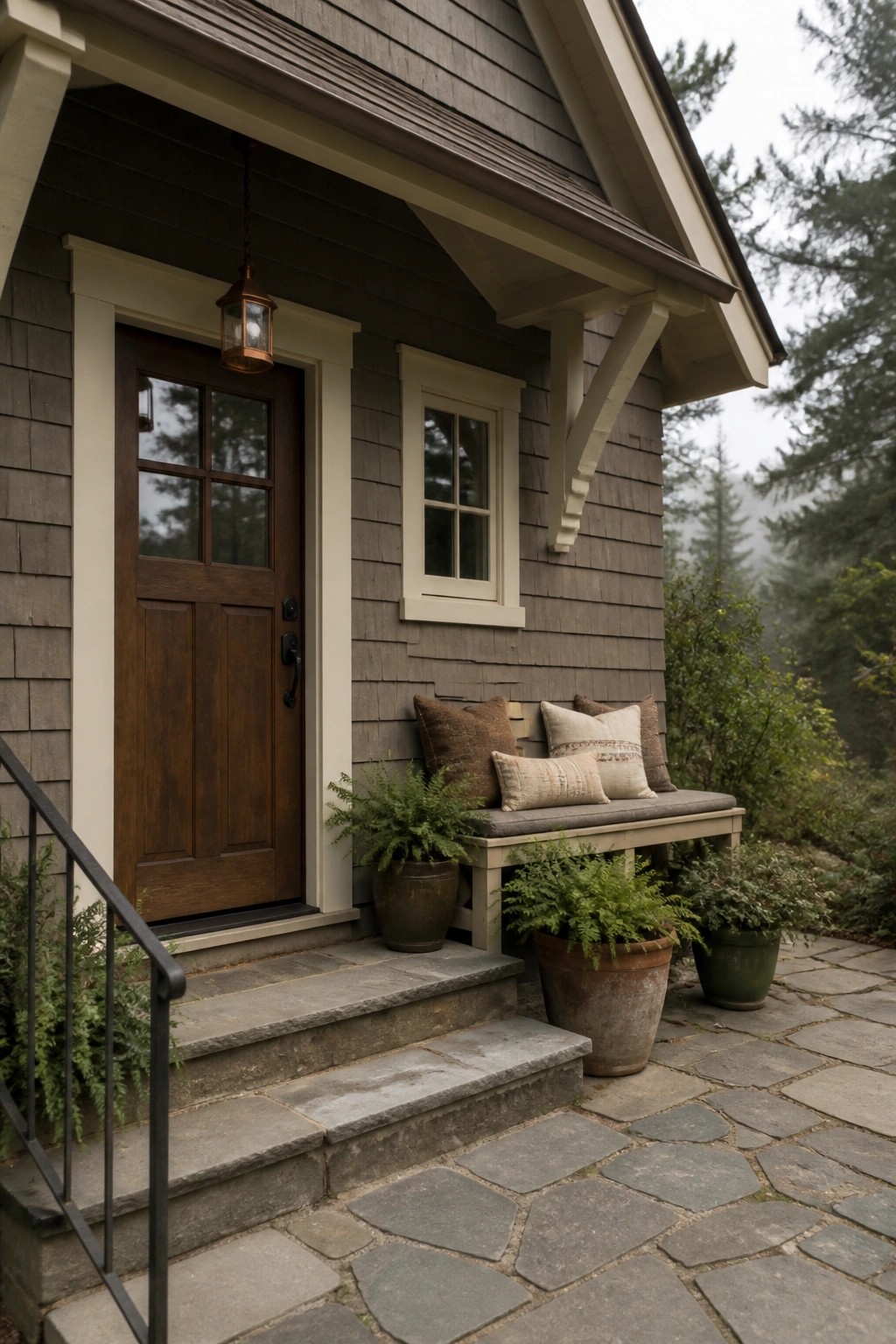 Rustic cabin exterior showing muted gray brown shingle siding with cream trim.