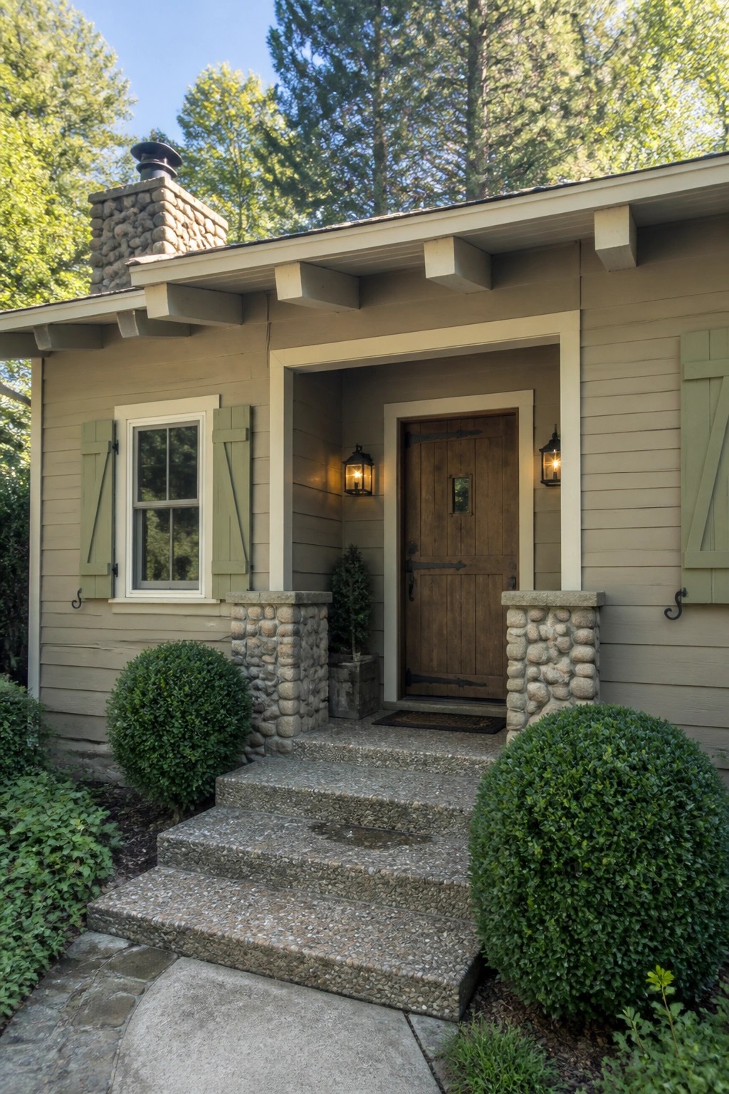 Cottage entrance with wooden door, stone pillars, concrete steps, green shutters and bushes.